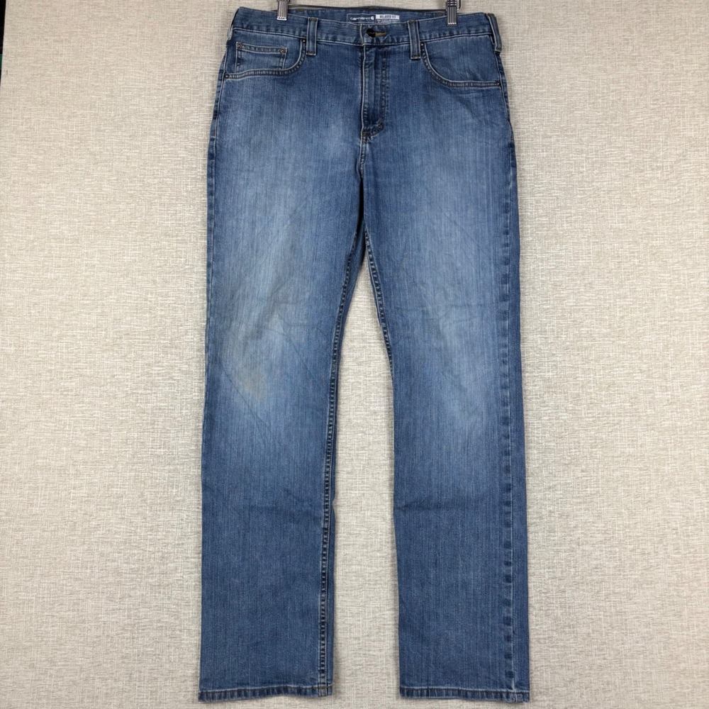 Carhartt Relaxed Fit Mens 34x32 Jeans Medium Grainy Washed Blue Grungy Denim